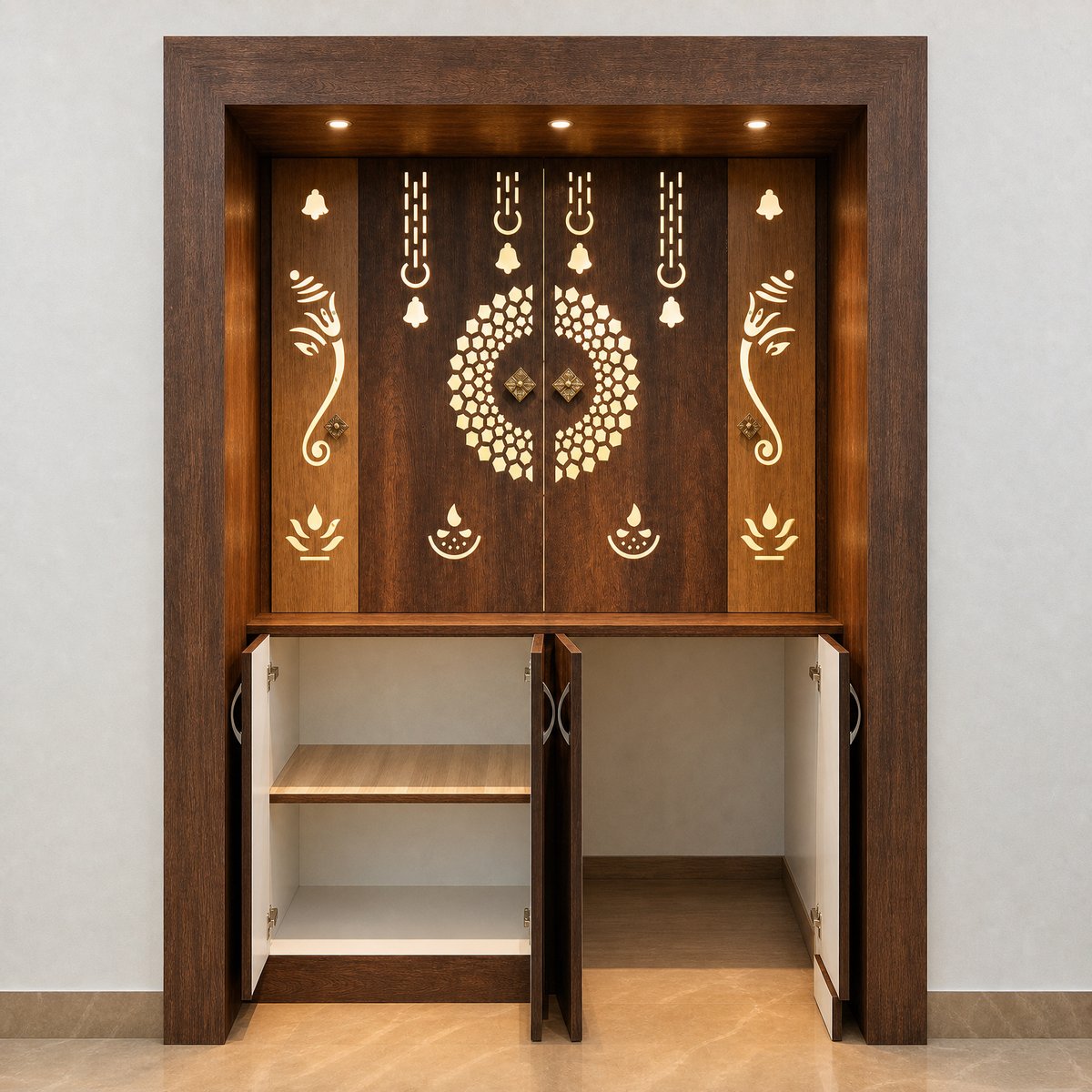 Custom pooja door with elegant woodwork by Global Designs